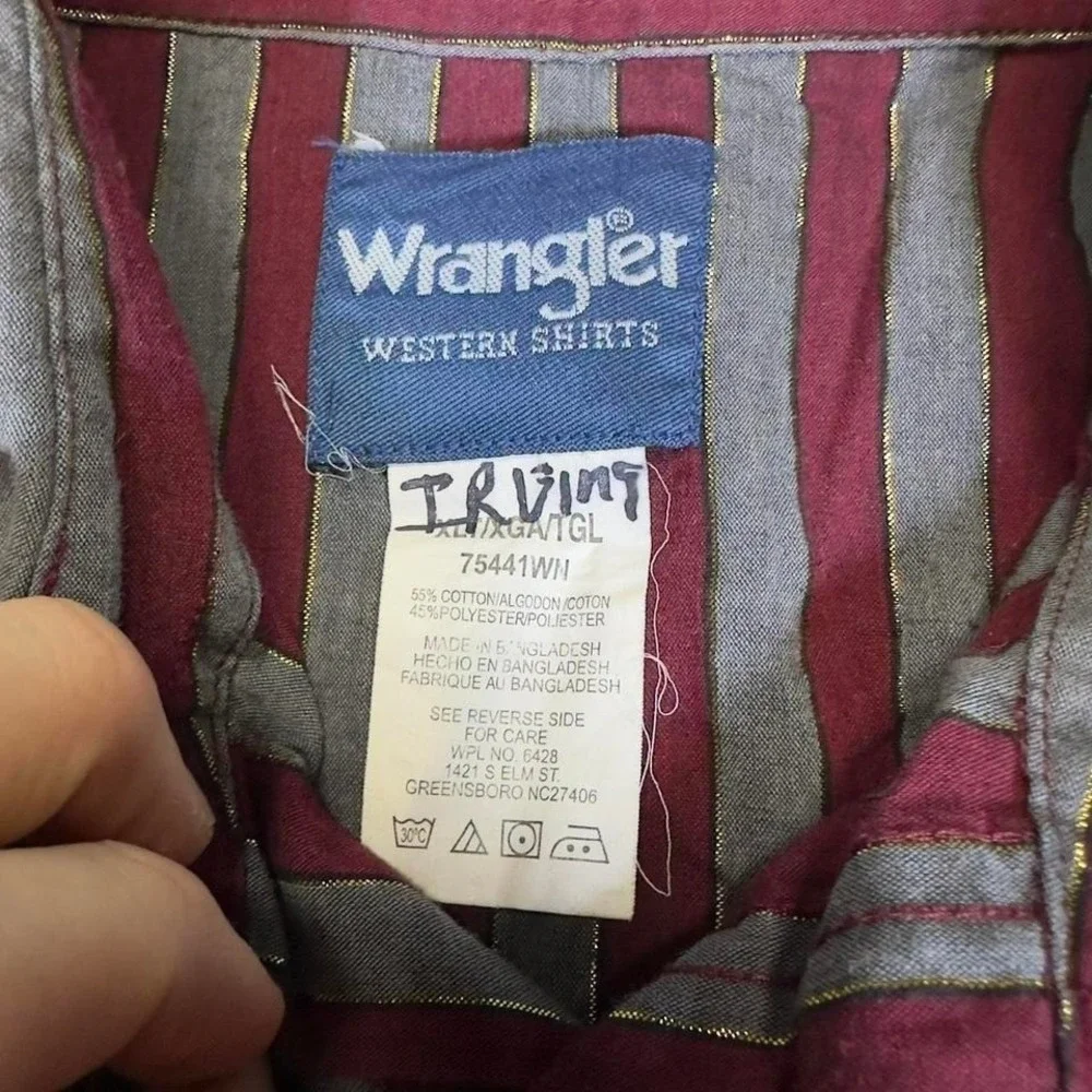 Wrangler Western Striped Button-Up Shirt Burgundy Gray Mens XL‎